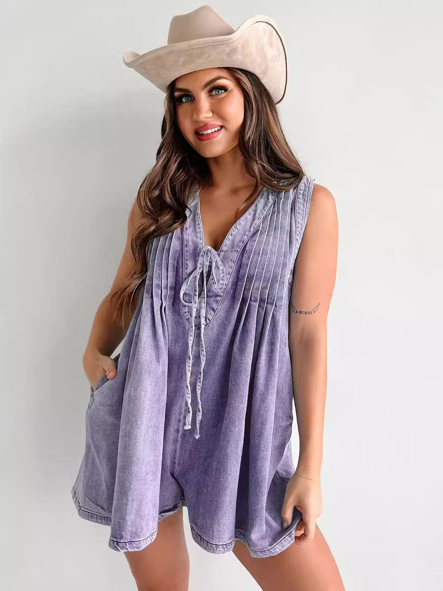 Women's New Fashion Joker Sleeveless Short-sleeved Shorts Denim Jumpsuit