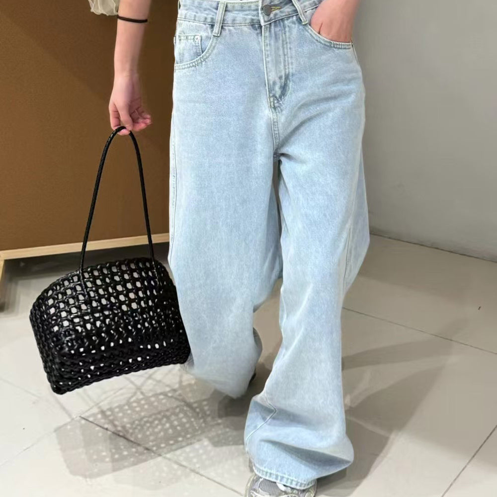 Women's New Fashion Casual Joker Loose Jeans Retro Zipper Women's Chic Wide-leg Jeans.