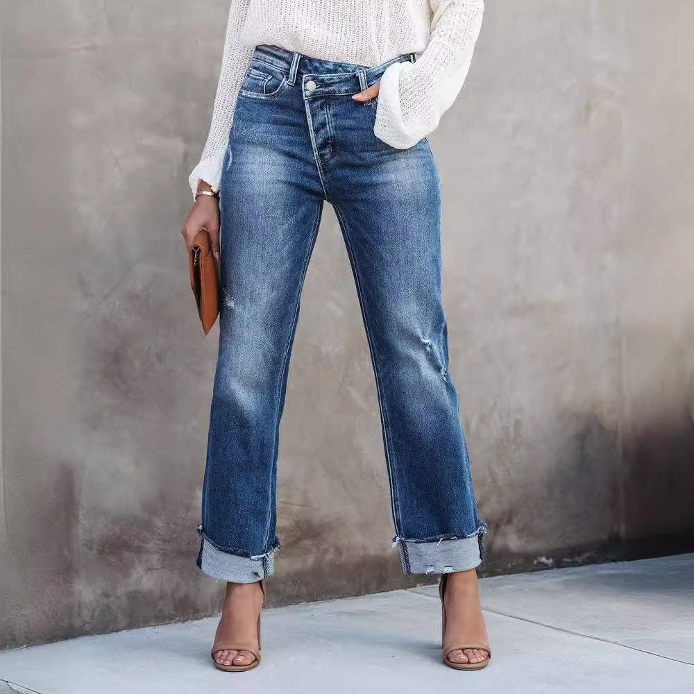 Women's New Fashion Joker Urban Leisure Washed Women's Straight Denim Trousers