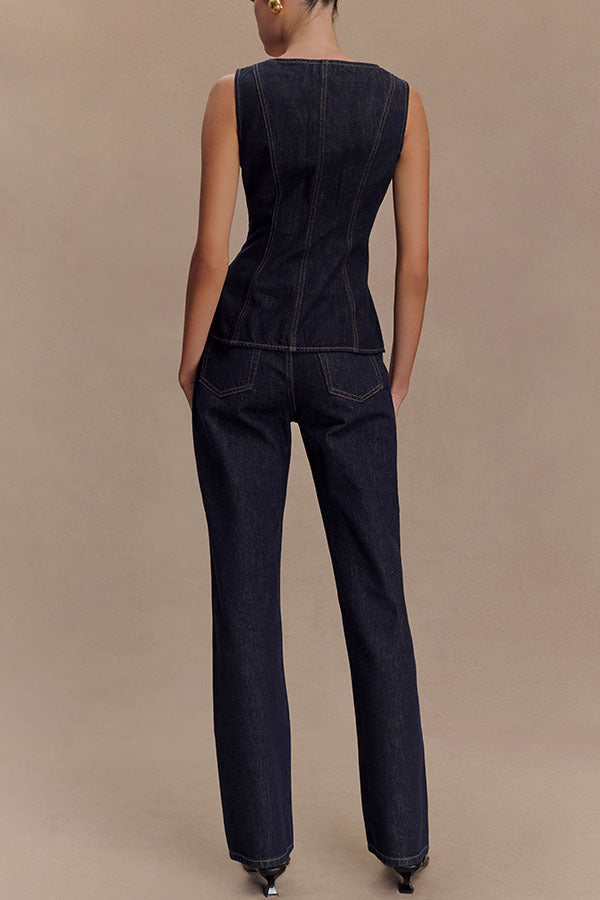 Women's New Fashion Casual Joker Button Denim Vest+high Waist Denim Trousers Suit