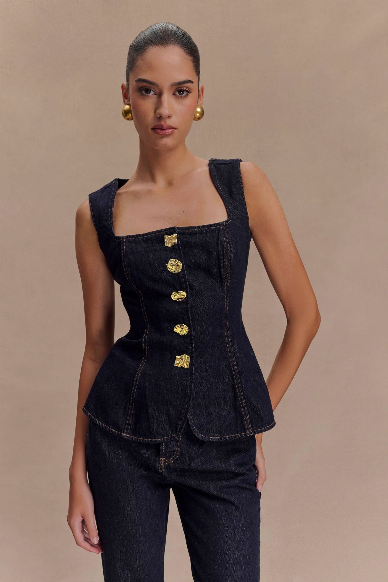 Women's New Fashion Casual Joker Button Denim Vest+high Waist Denim Trousers Suit