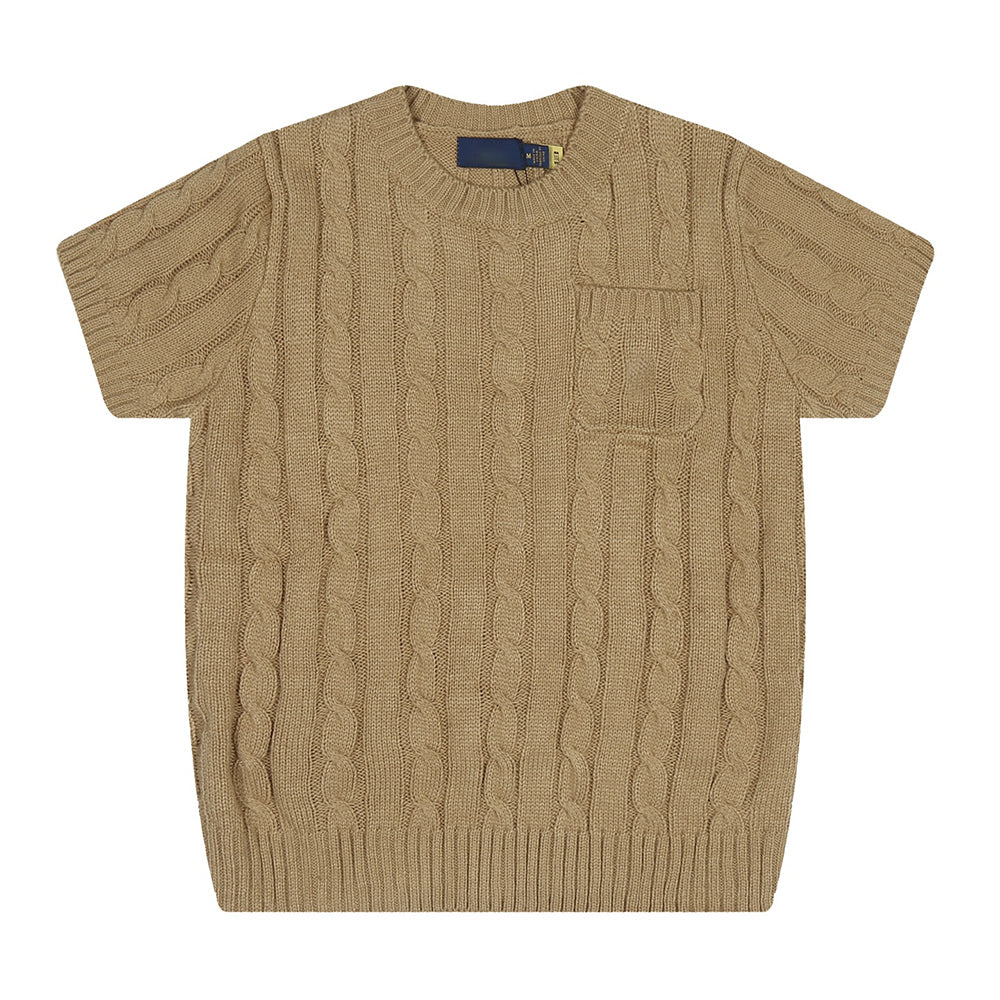 Women's New Fashion Casual Joker Twist Sweater with Pocket Half Sleeve Knitted T-shirt.