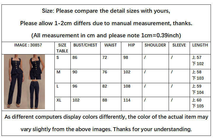 Women's New Fashion Casual Joker Button Denim Vest+high Waist Denim Trousers Suit