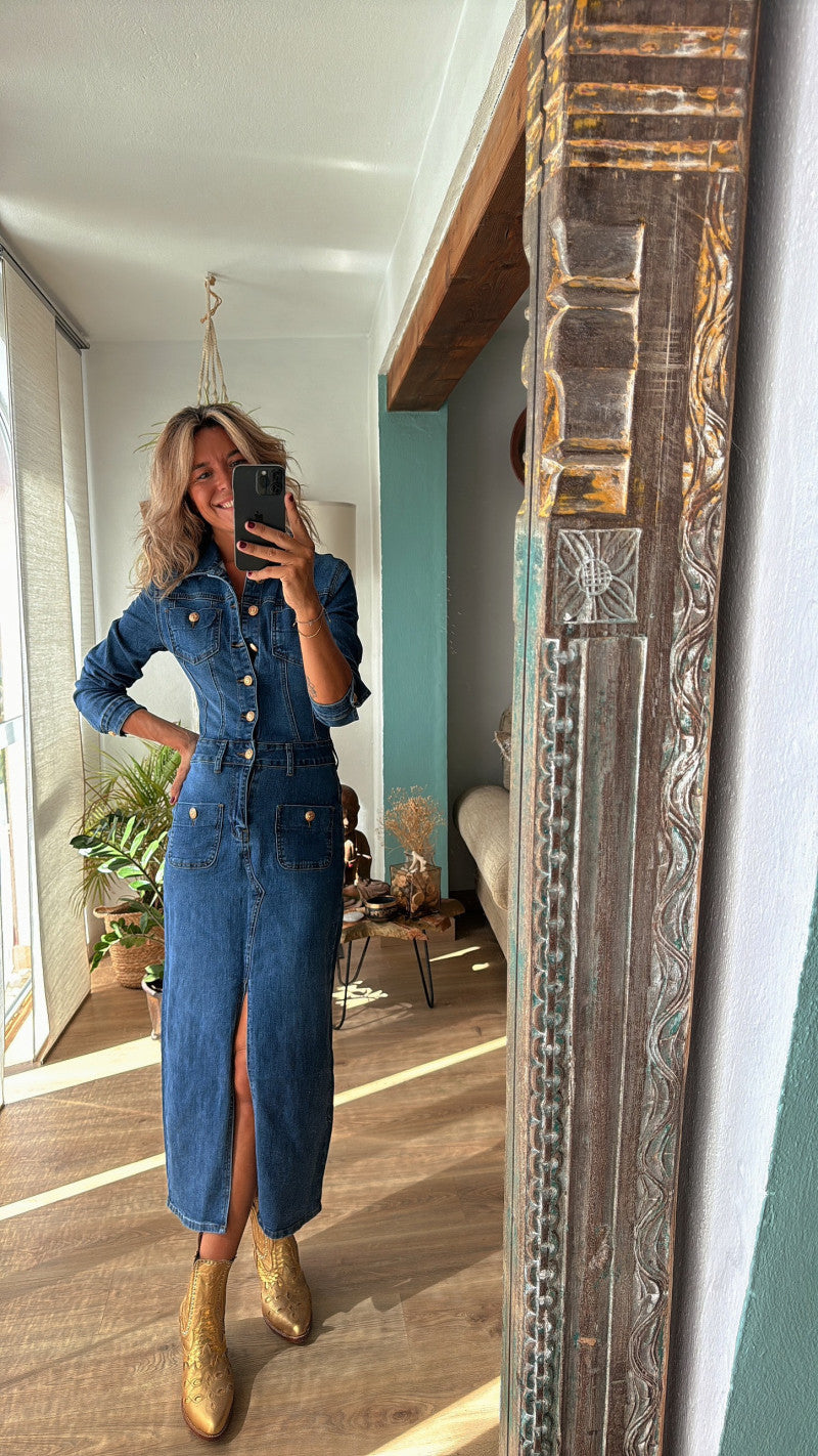 Women's New Fashion Casual Joker Multi-button Long-sleeved Denim Long Dress