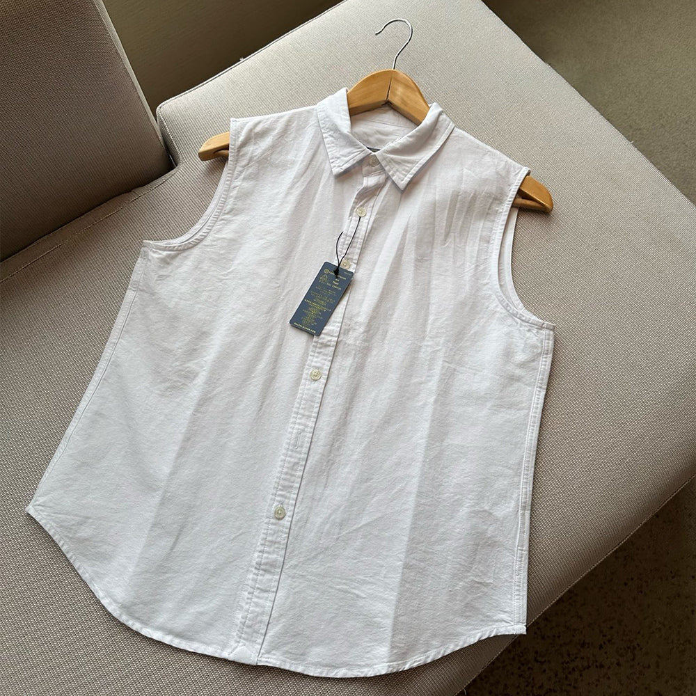 Ladies New Fashion Casual Joker Solid Color Sleeveless Lapel Shirt Retro Short Women's Chic Shirt Top.