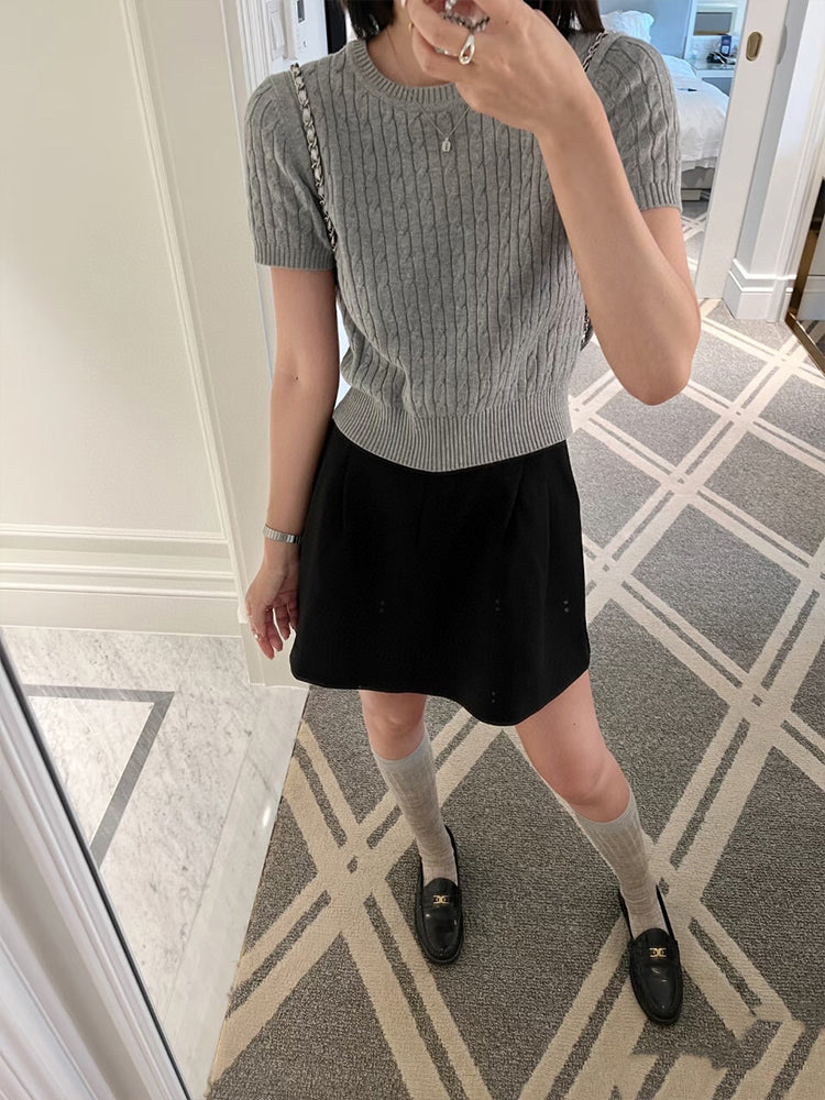 Women's New Fashion Casual Joker Rib Knitted Shoulder O-neck Comfortable Short Knitted Short Sleeve T-shirt