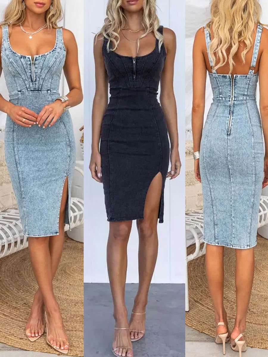 Women's New Fashion Joker Sleeveless U-neck Suspenders Make Old Casual Denim Dresses.