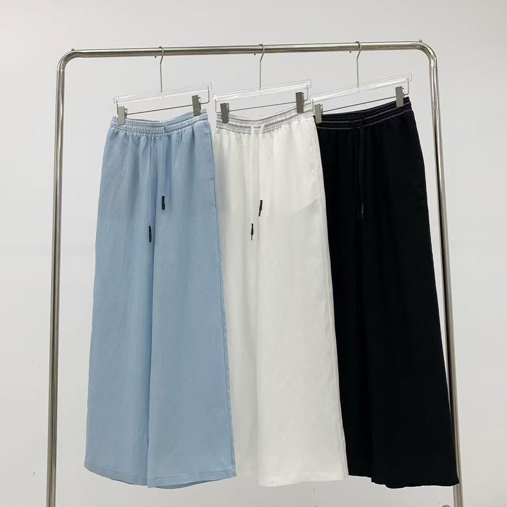 Women's New Fashion Casual Joker Embroidered Cotton and Linen Pants Contrast Drawstring Elastic Waist Straight Wide-leg Pants.
