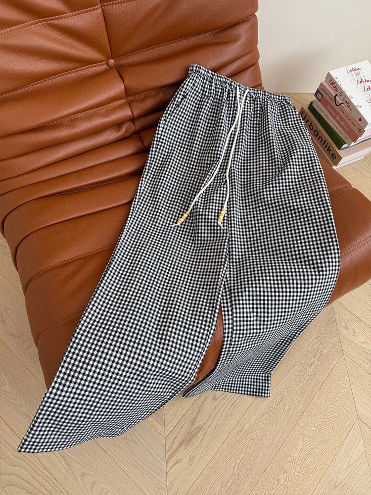 Women's New Fashion Casual Joker Embroidery Retro Plaid Pants Lace Pocket Design Straight Wide-leg Pants.