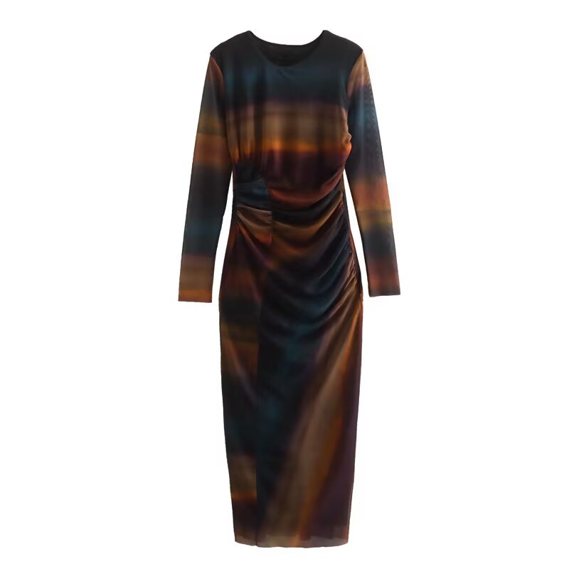 KP0044 Women's new chic Fashion Midi Dress Vintage O Neck Long Sleeve Female Dresses Robe Mujer