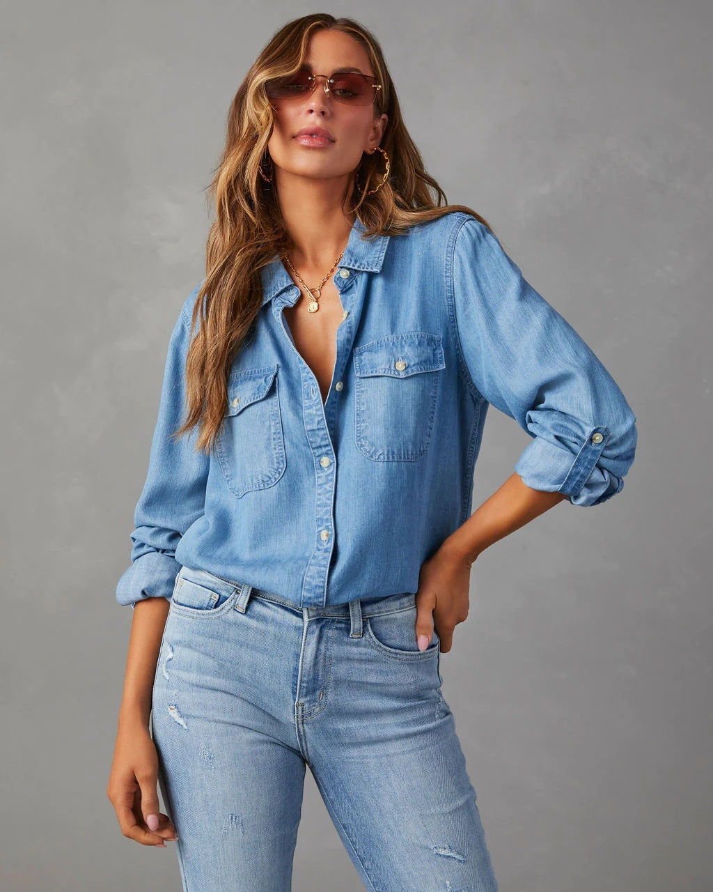 Women's New Fashion Joker Casual Loose Lapel Single-breasted Women's Long-sleeved Denim Shirt