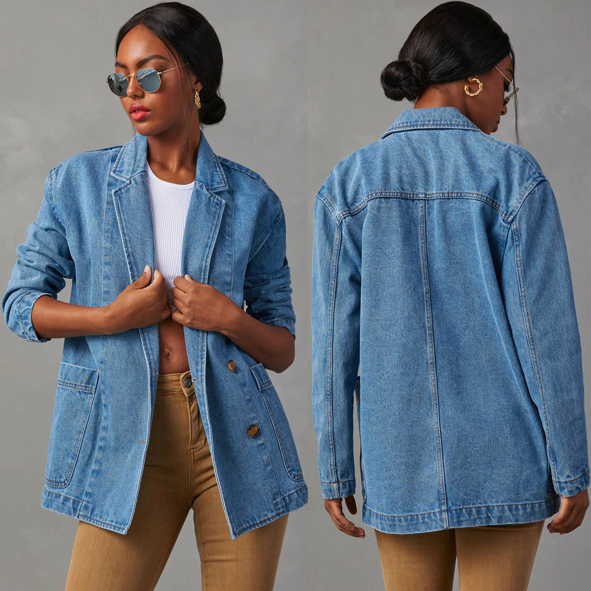 Women's New Fashion Joker Casual Loose Washed Blue Denim Women's Suit Jacket