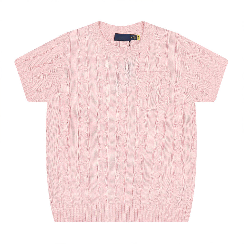 Women's New Fashion Casual Joker Twist Sweater with Pocket Half Sleeve Knitted T-shirt.