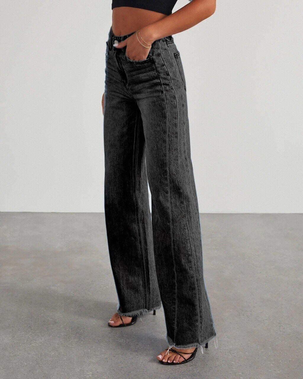 Women's New Fashion Joker Casual Loose Wide Leg Side Seam Stitching Edging Hem Jeans