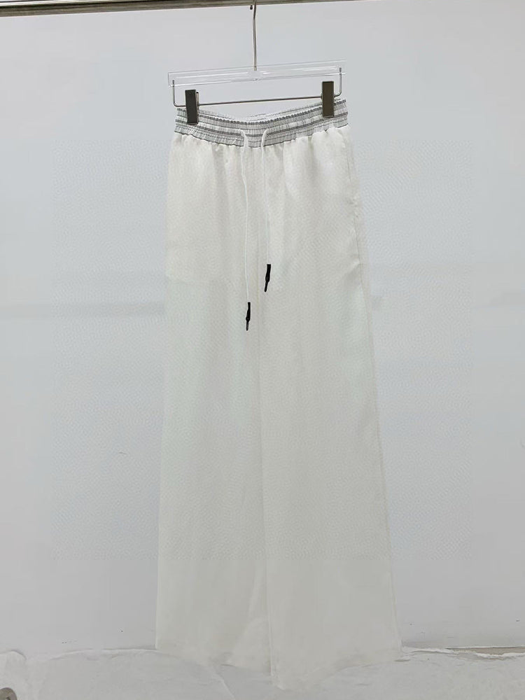 Women's New Fashion Casual Joker Embroidered Cotton and Linen Pants Contrast Drawstring Elastic Waist Straight Wide-leg Pants.
