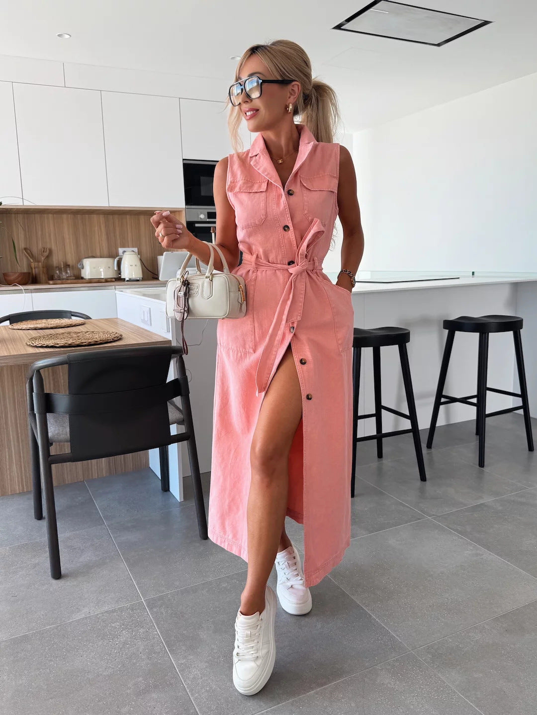 New Sleeveless Long Tie Waist Single Breasted Denim Dress
