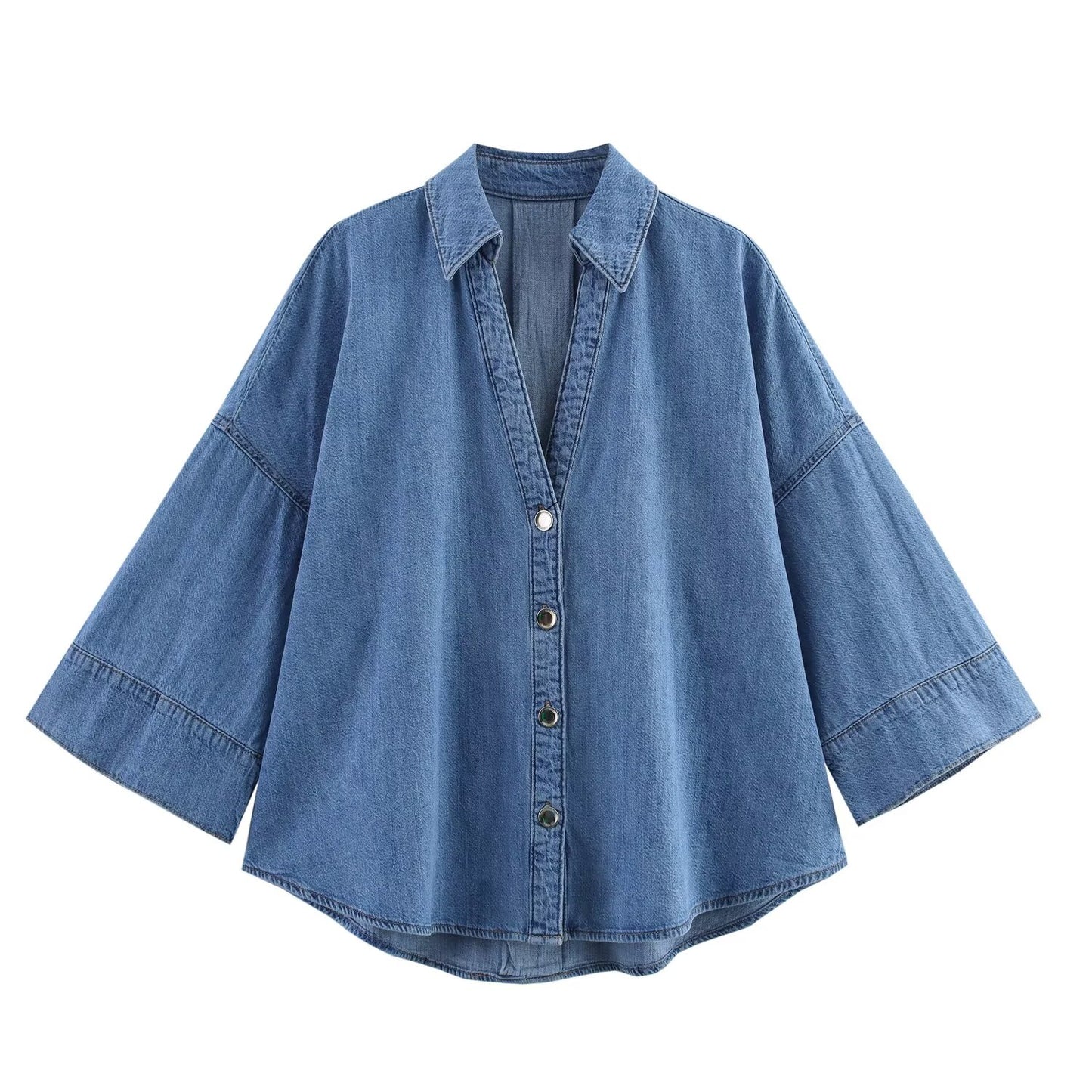 KP0107 Women 2025 New Fashion Wide Sleeve Denim Shirt