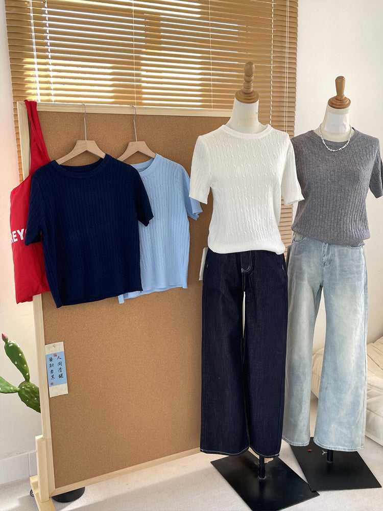 Women's New Fashion Casual Joker Rib Knitted Shoulder O-neck Comfortable Short Knitted Short Sleeve T-shirt