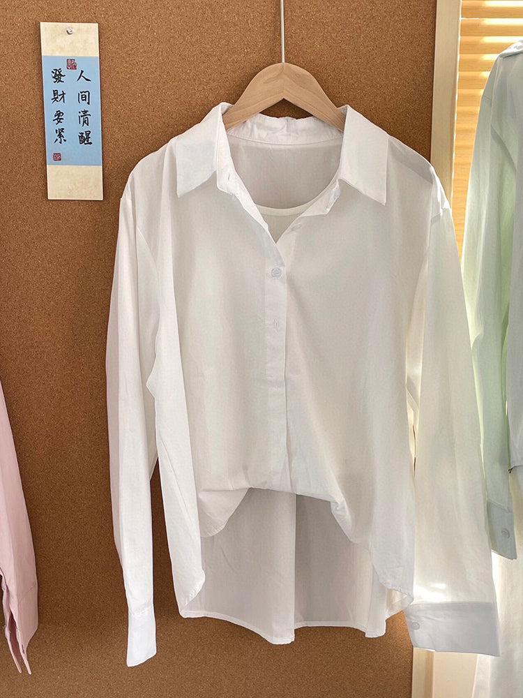Women's New Fashion, Leisure and Joker Fake Two-piece Shirts with Short Front and Long Back, Loose Long-sleeved Shirts.