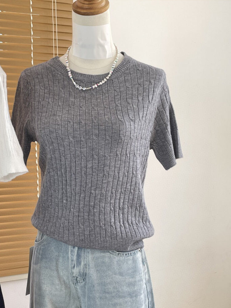 Women's New Fashion Casual Joker Rib Knitted Shoulder O-neck Comfortable Short Knitted Short Sleeve T-shirt
