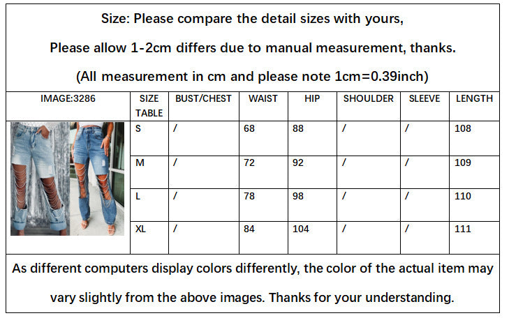 Women's New Fashion Casual Joker Hole Jeans Women's Chain Pendant Straight Pants.