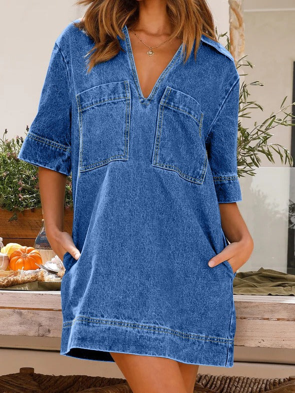 Women's New Fashion Joker Casual Loose Lapel Short Sleeve Denim Dress