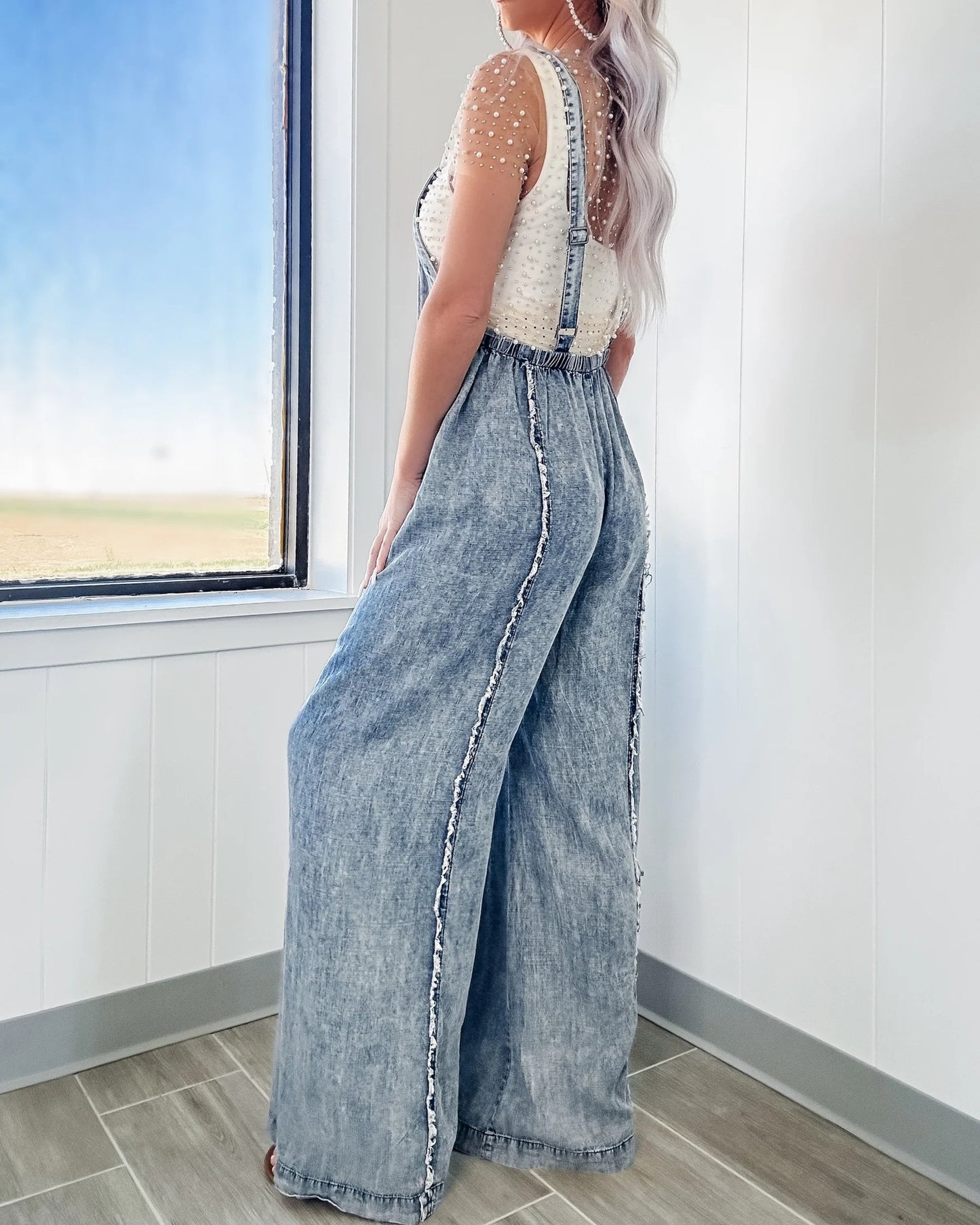Women's New Fashion Joker Bib Retro Washed Raw Wide-leg Jumpsuit