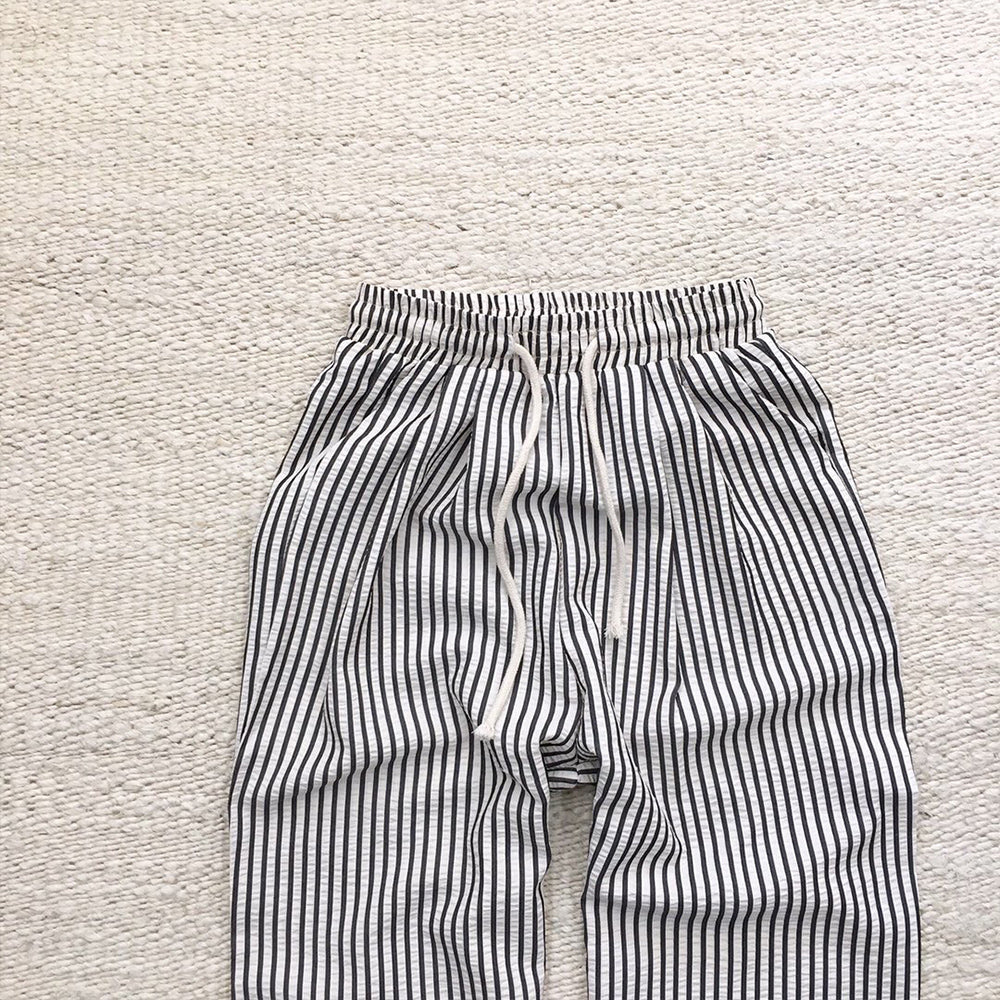 Women's New Fashion Casual Joker Foam Cotton Concave-convex Texture Contrast Vertical Stripes Comfortable Light Breathable Elastic Adjustable Drawstring Design Pants.