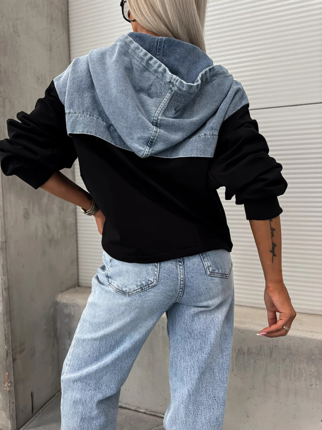Women's New Fashion Joker Loose Casual Washing Denim Stitching Hooded Ladies Sweater