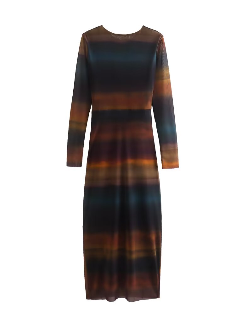 KP0044 Women's new chic Fashion Midi Dress Vintage O Neck Long Sleeve Female Dresses Robe Mujer