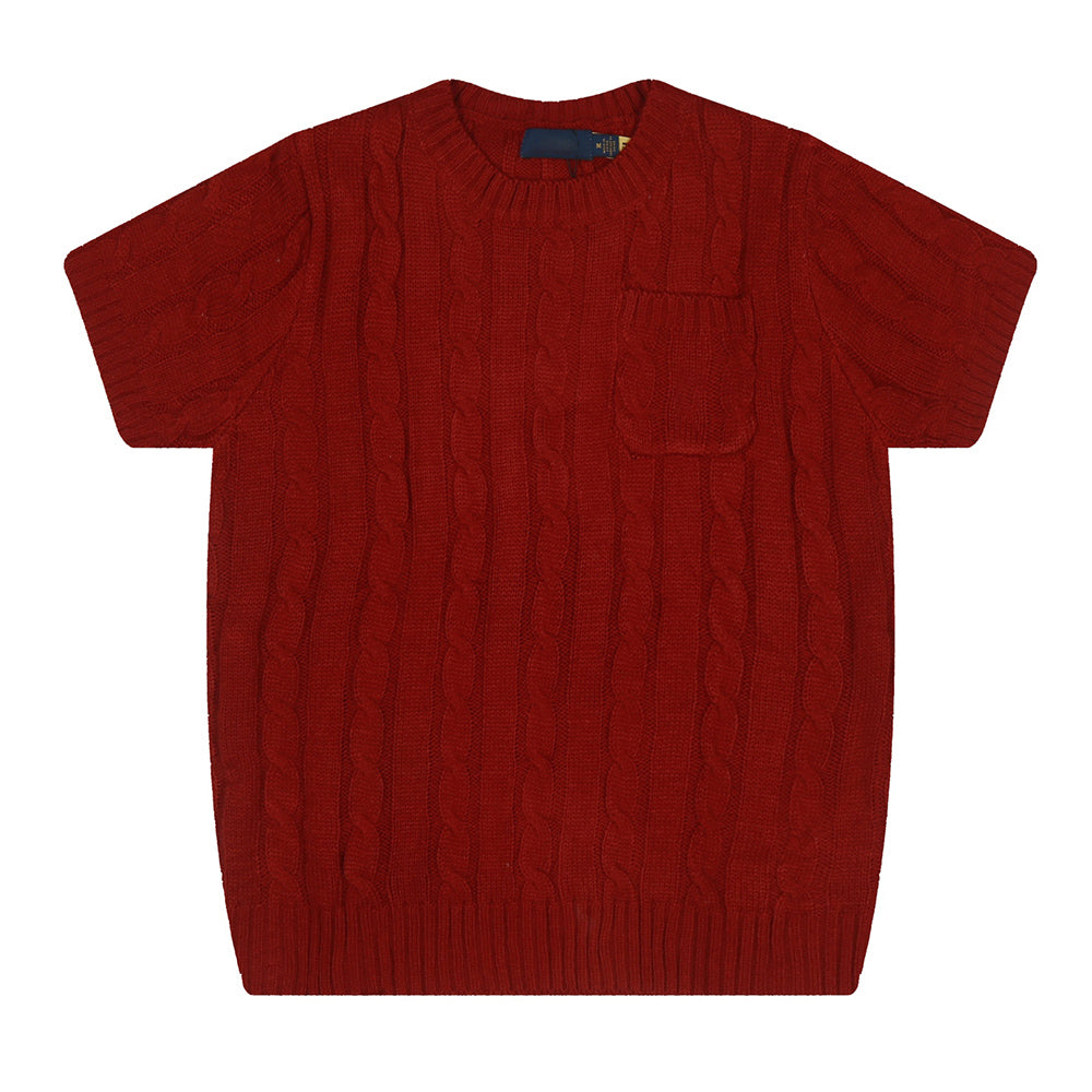 Women's New Fashion Casual Joker Twist Sweater with Pocket Half Sleeve Knitted T-shirt.