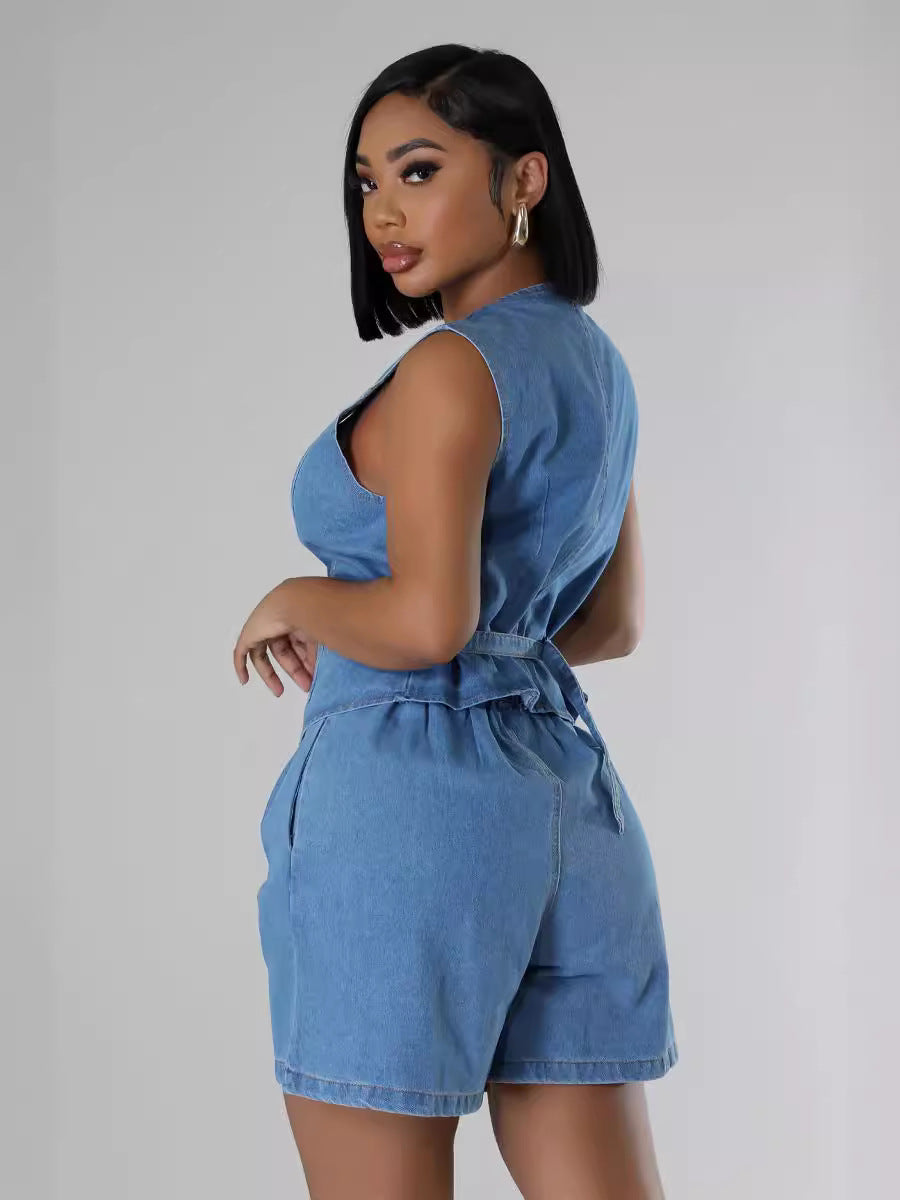 Women's New Fashion Casual Joker Sleeveless Denim Vest+high Waist Denim Shorts Suit