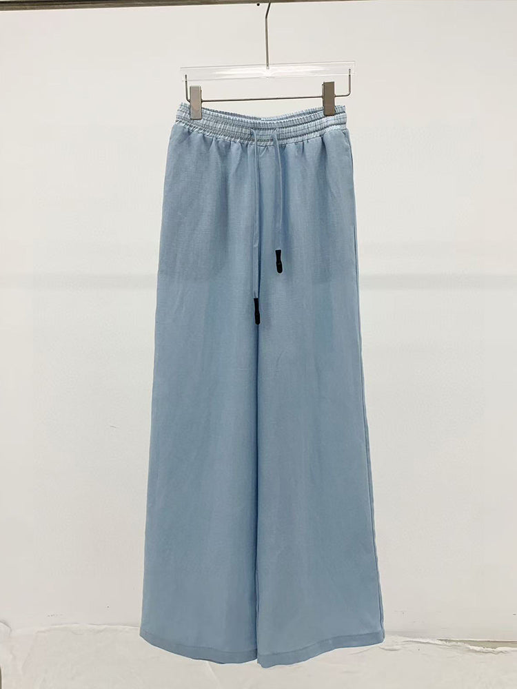 Women's New Fashion Casual Joker Embroidered Cotton and Linen Pants Contrast Drawstring Elastic Waist Straight Wide-leg Pants.