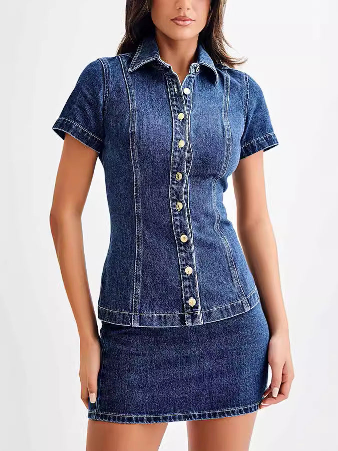 Women's New Fashion Joker Slim Denim Short Sleeve Button Shirt+high Waist Skirt Suit