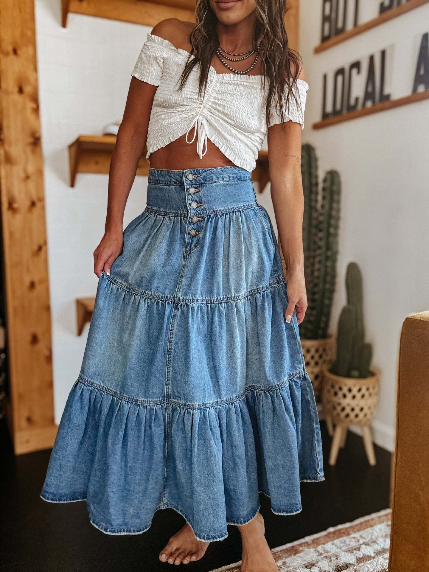 Women's New Fashion Joker Casual Bohemian A-word Layered Cake Denim Skirt
