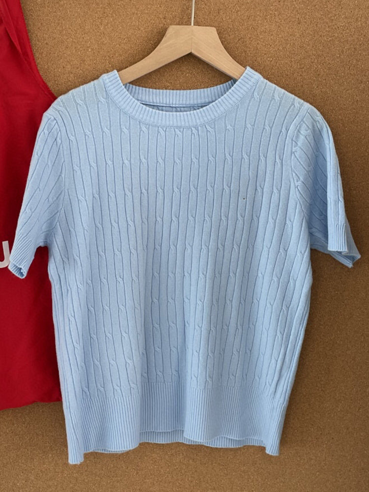 Women's New Fashion Casual Joker Rib Knitted Shoulder O-neck Comfortable Short Knitted Short Sleeve T-shirt