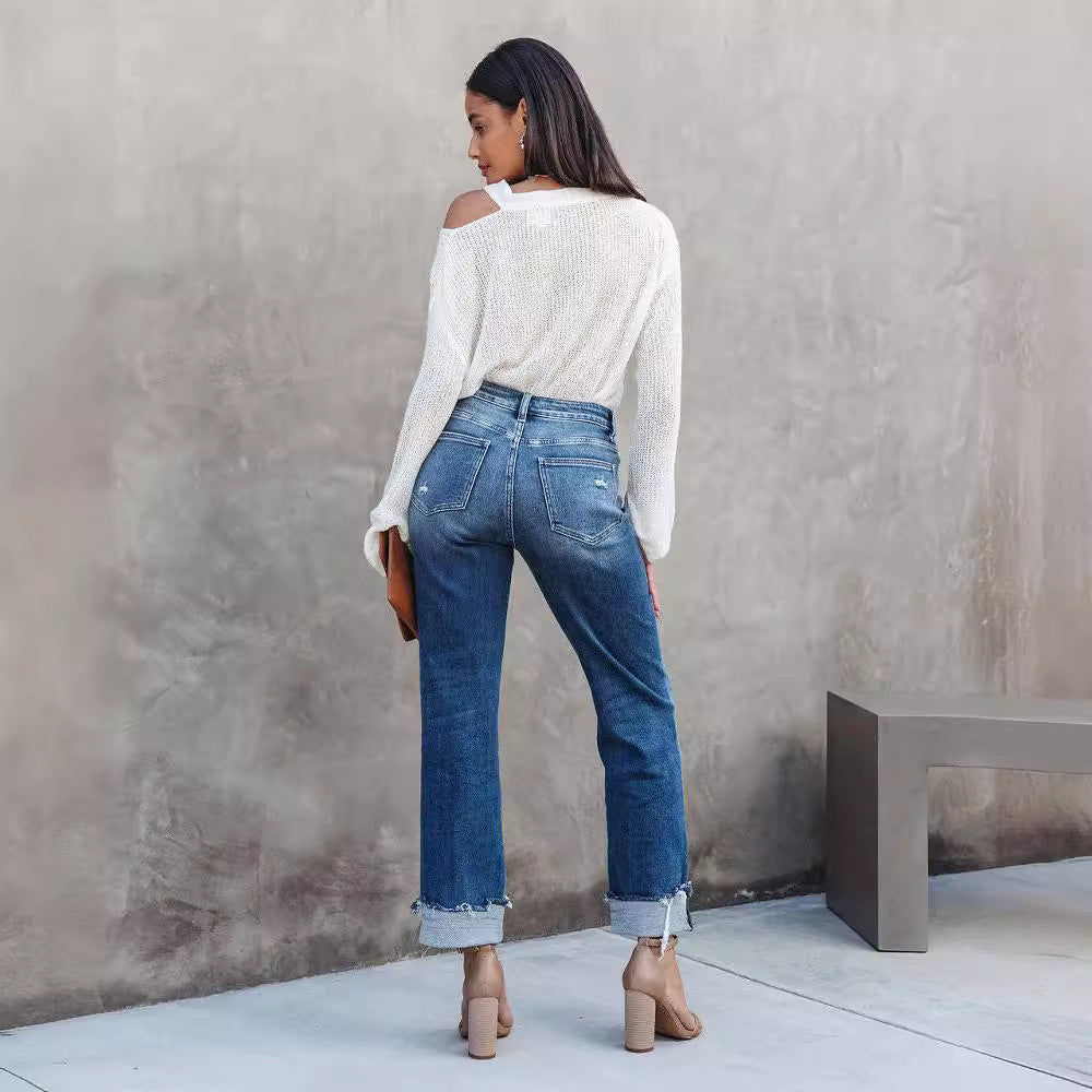 Women's New Fashion Joker Urban Leisure Washed Women's Straight Denim Trousers