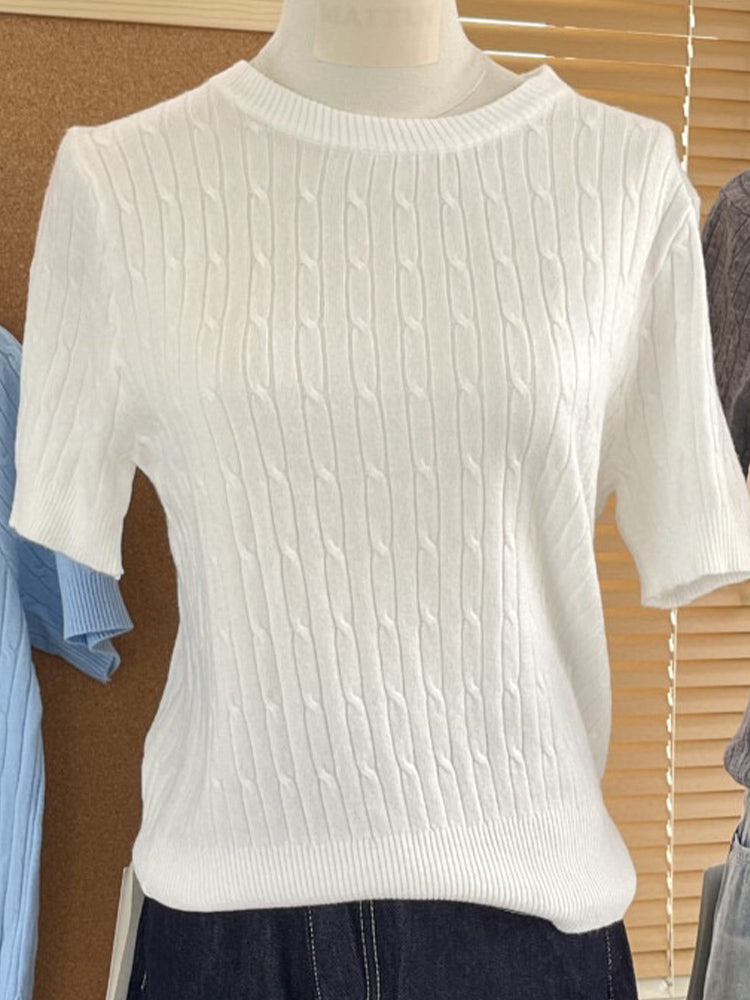 Women's New Fashion Casual Joker Rib Knitted Shoulder O-neck Comfortable Short Knitted Short Sleeve T-shirt