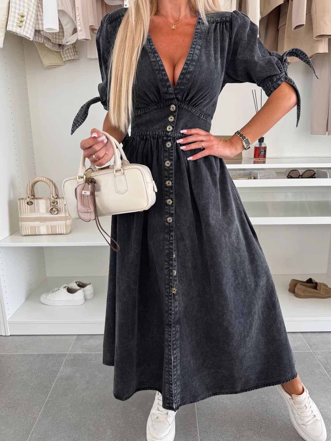Women's New Fashion Joker Casual Sexy V-neck Long Button Denim Dress