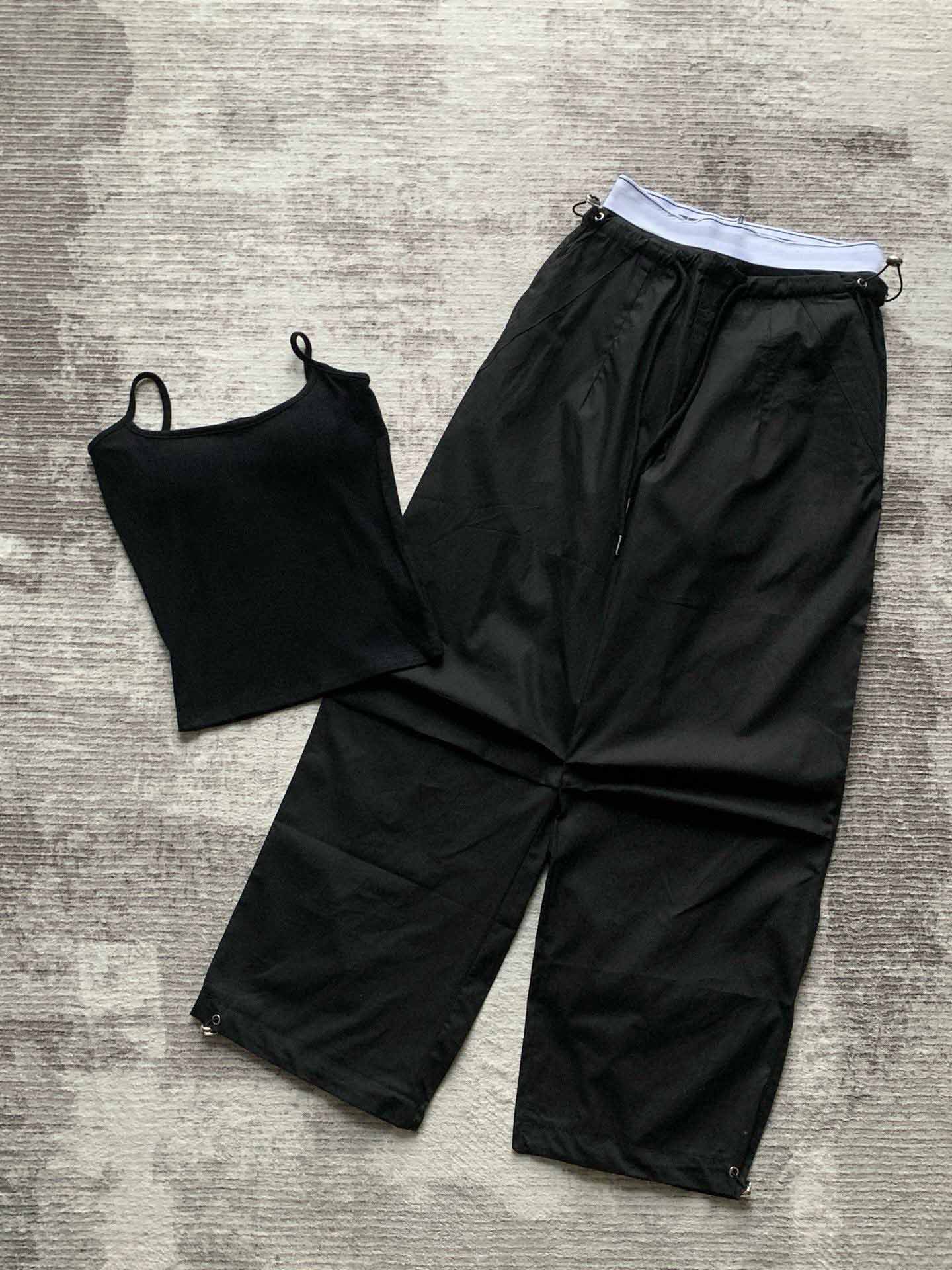 Women's New Casual Chest Cushion+letter Embroidered Overalls High Waist Drawstring Loose Joker Wide Leg Paratroopers Pants.