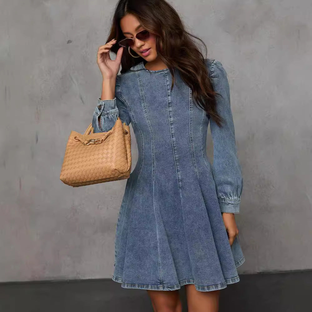 Women's New Fashion Casual Joker Spell Receiving Waist Ladies Denim Long Sleeve Dress