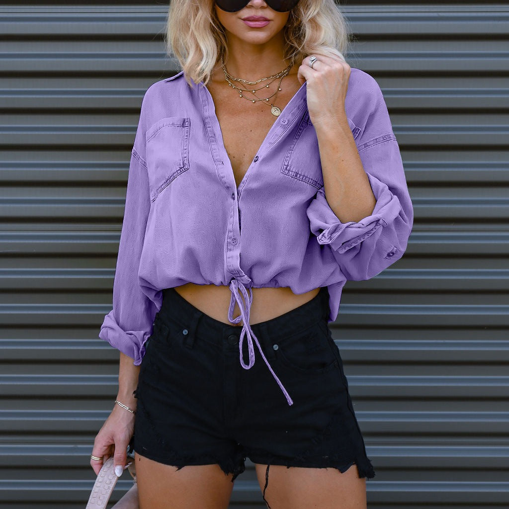 Women's New Fashion Joker Lace-up Design Double Pocket Loose Shirt