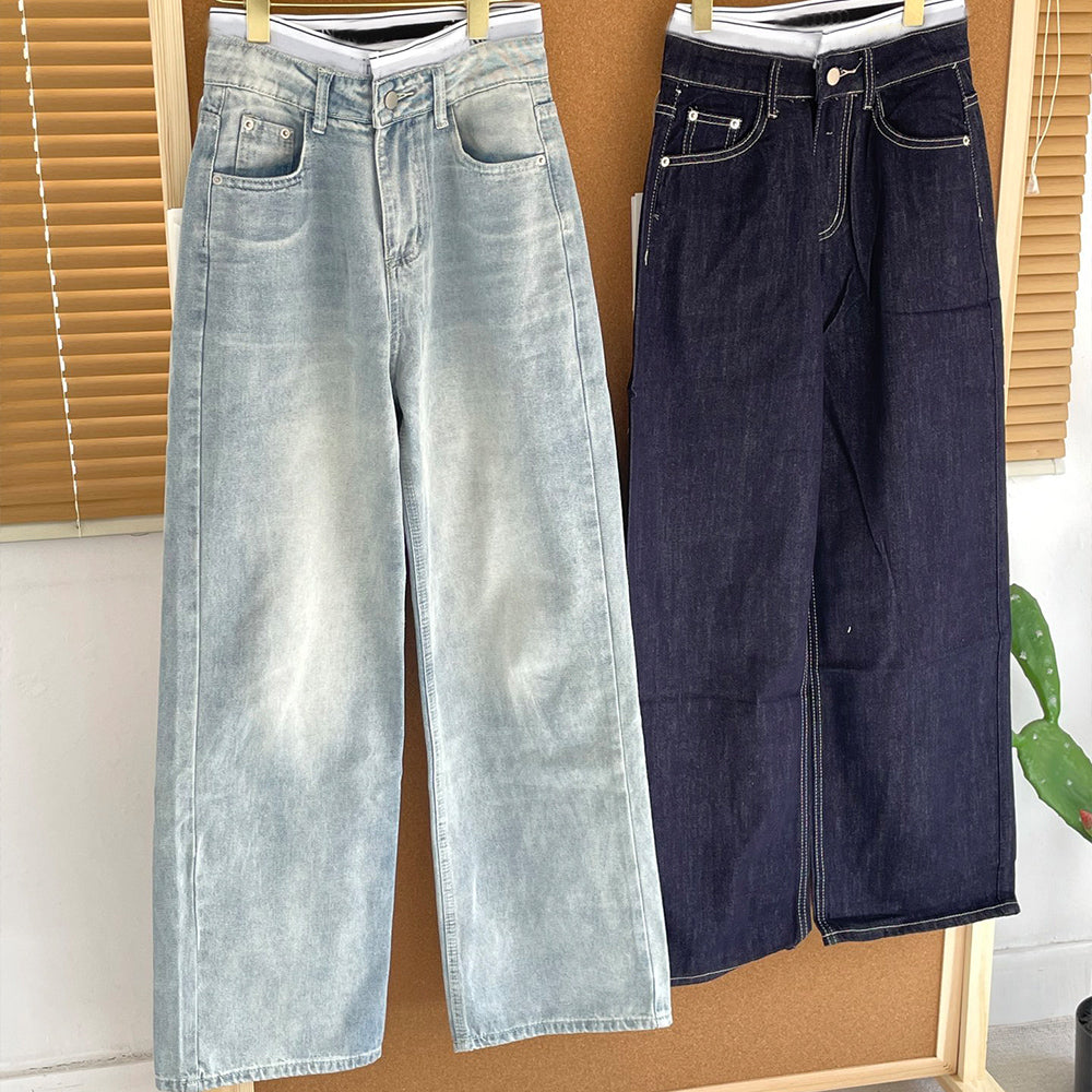 Women's New Fashion Casual Joker Loose Jeans Retro Zipper Women's Chic Wide-leg Jeans.