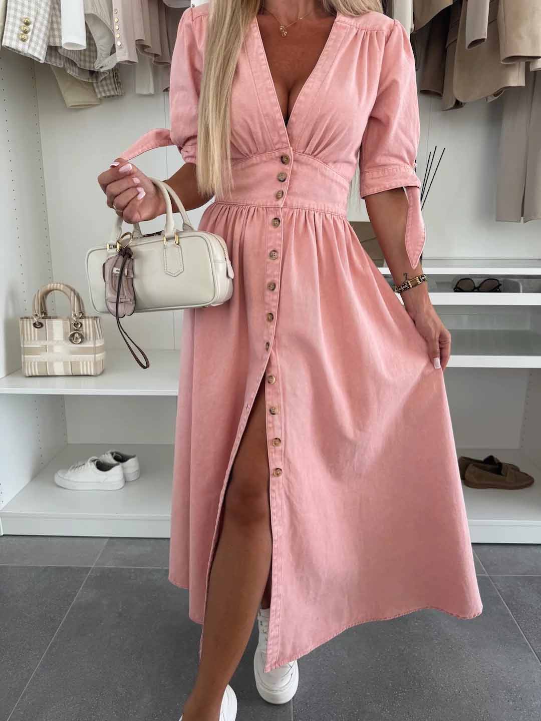 Women's New Fashion Joker Casual Sexy V-neck Long Button Denim Dress