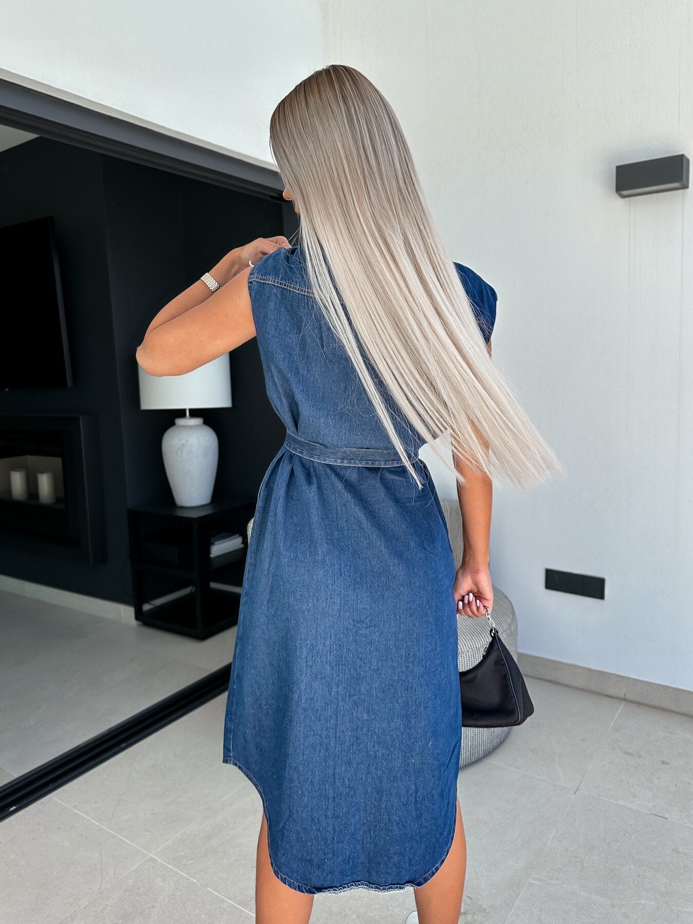 Women's New Fashion Joker Lapel Sleeveless Stud Buckle Chest Waist Lace-up Denim Dress