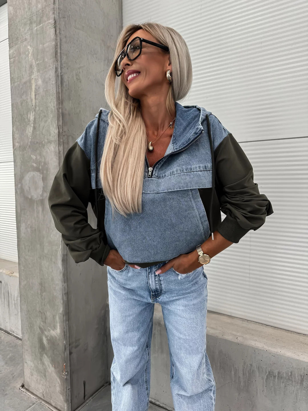 Women's New Fashion Joker Loose Casual Washing Denim Stitching Hooded Ladies Sweater