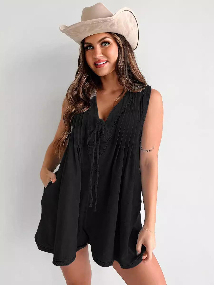 Women's New Fashion Joker Sleeveless Short-sleeved Shorts Denim Jumpsuit