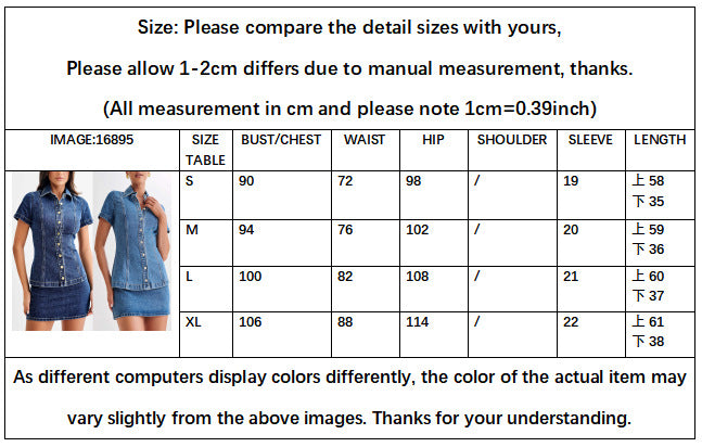 Women's New Fashion Joker Slim Denim Short Sleeve Button Shirt+high Waist Skirt Suit