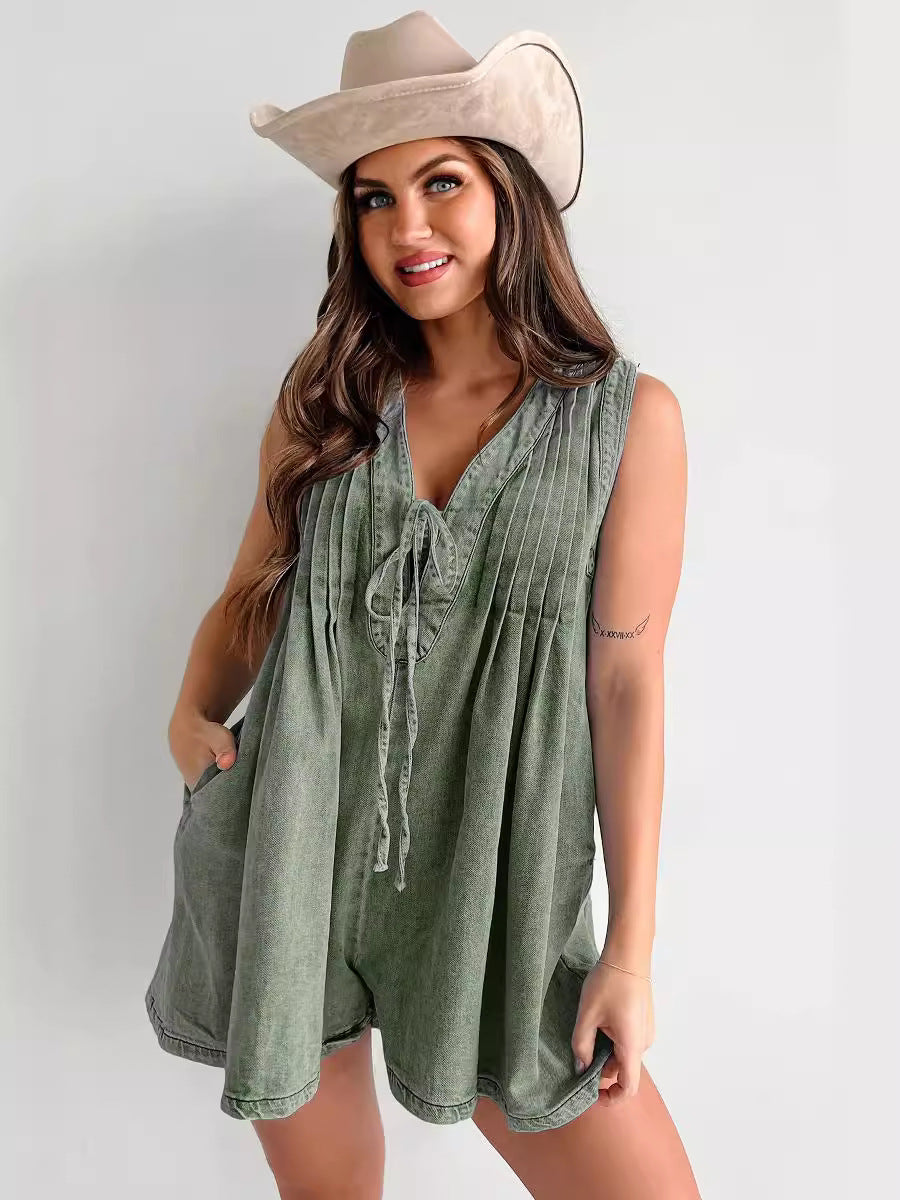 Women's New Fashion Joker Sleeveless Short-sleeved Shorts Denim Jumpsuit