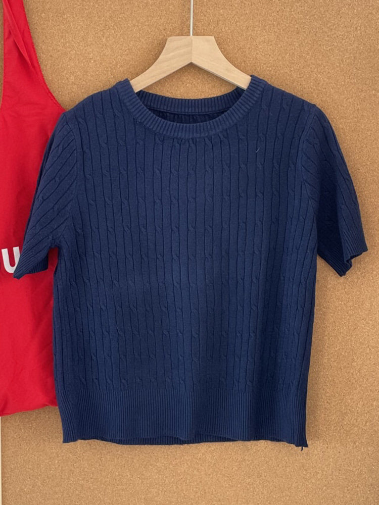 Women's New Fashion Casual Joker Rib Knitted Shoulder O-neck Comfortable Short Knitted Short Sleeve T-shirt